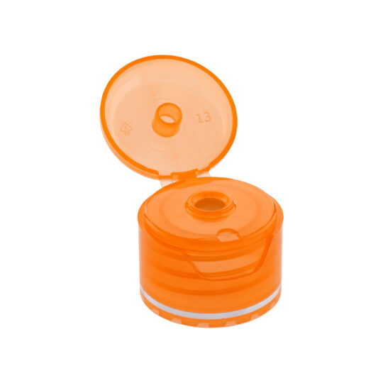 Flip Top Cap – 28/410 / Transparent Orange / 3mm / Hot Foil Banding / Silver
