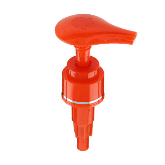 Lotion Pump – Screw Lock Down / 24/410 / Wide / Smooth / Red / Hot Foil Banding / Silver / 230DT