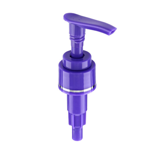 Lotion Pump – Screw Lock Down / 24/410 / Slim / Smooth / Violet Toy Dark / Hot Foil Banding / Silver / Custom Length