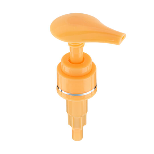 Lotion Pump – Screw Lock Down / 24/410 / Wide / Smooth / Pastel Orange / Hot Foil Banding / Silver / 230DT