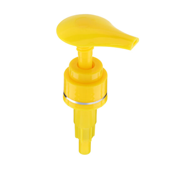 Lotion Pump – Screw Lock Down / 24/410 / Wide / Smooth / Yellow / Hot Foil Banding / Silver / 230DT
