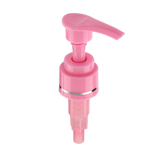Lotion Pump – Screw Lock Down / 24/410 / Regular / Smooth / Royal Pink / Hot Foil Banding / Silver / 230DT