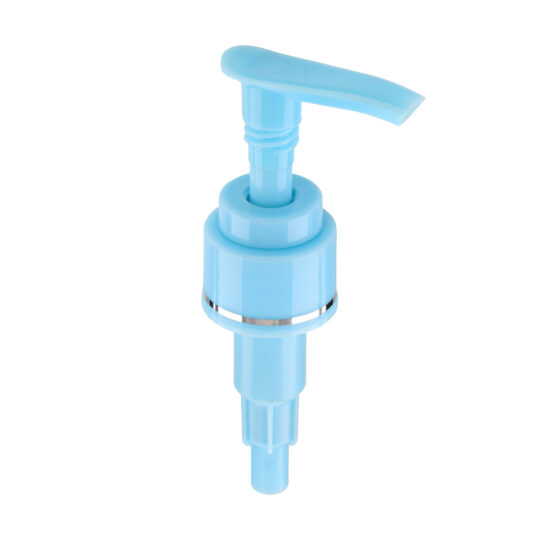 Lotion Pump – Screw Lock Down / 24/410 / Slim / Smooth / Light Blue / Hot Foil Banding / Silver / Custom Length