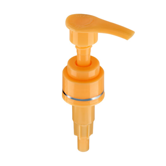 Lotion Pump – Screw Lock Down / 24/410 / Regular / Smooth / Pastel Orange / Hot Foil Banding / Silver / Custom Length