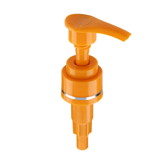Lotion Pump – Screw Lock Down / 24/410 / Regular / Smooth / Golden yellow / Hot Foil Banding / Silver / Custom Length