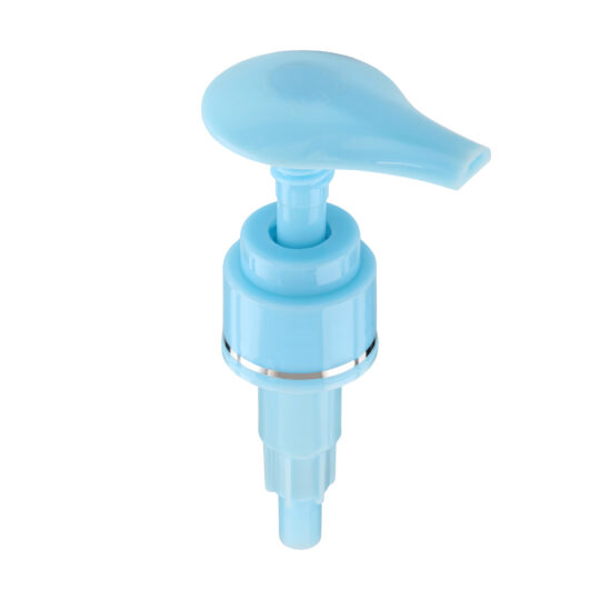 Lotion Pump – Screw Lock Down / 24/410 / Wide / Smooth / Light Blue / Hot Foil Banding / Silver / 230DT