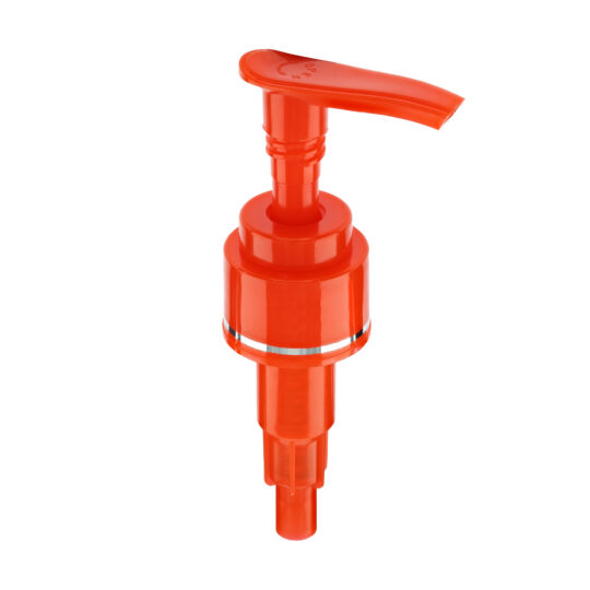 Lotion Pump – Screw Lock Down / 24/410 / Slim / Smooth / Red / Hot Foil Banding / Silver / 230DT