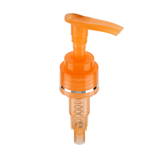 Lotion Pump – Screw Lock Down / 24/410 / Slim / Smooth / Transparent Orange / Hot Foil Banding / Silver / 230DT