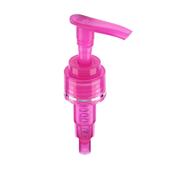 Lotion Pump – Screw Lock Down / 24/410 / Slim / Smooth / Transparent Pink / Hot Foil Banding / Silver / Custom Length