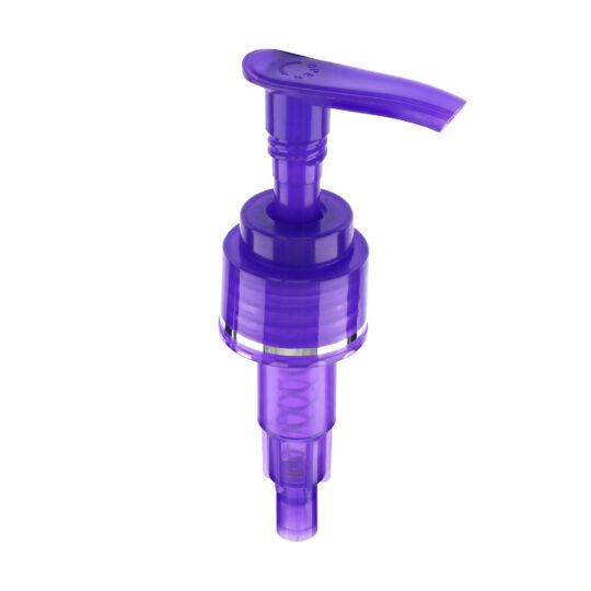 Lotion Pump – Screw Lock Down / 24/410 / Slim / Smooth / Transparent Violet / Hot Foil Banding / Silver / Custom Length