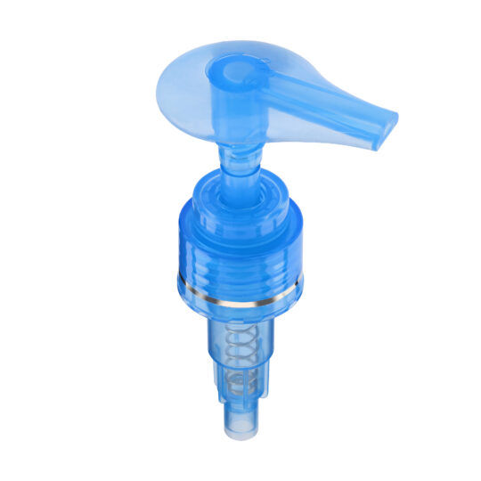 Lotion Pump – Screw Lock Down / 24/410 / Wide / Smooth / Transparent Blue / Hot Foil Banding / Silver / Custom Length